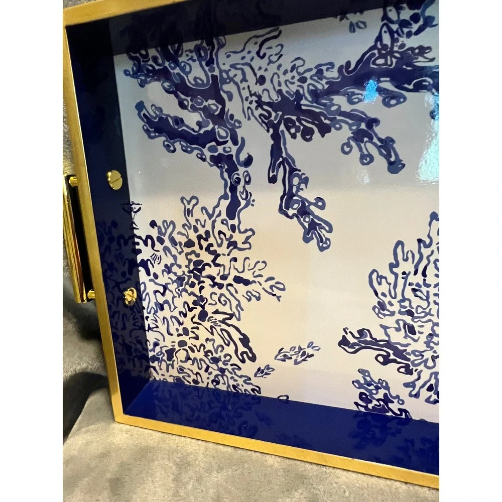 Lilly Pulitzer Coral Bay Hostess Serving Tray Blue White Gold Handles 18